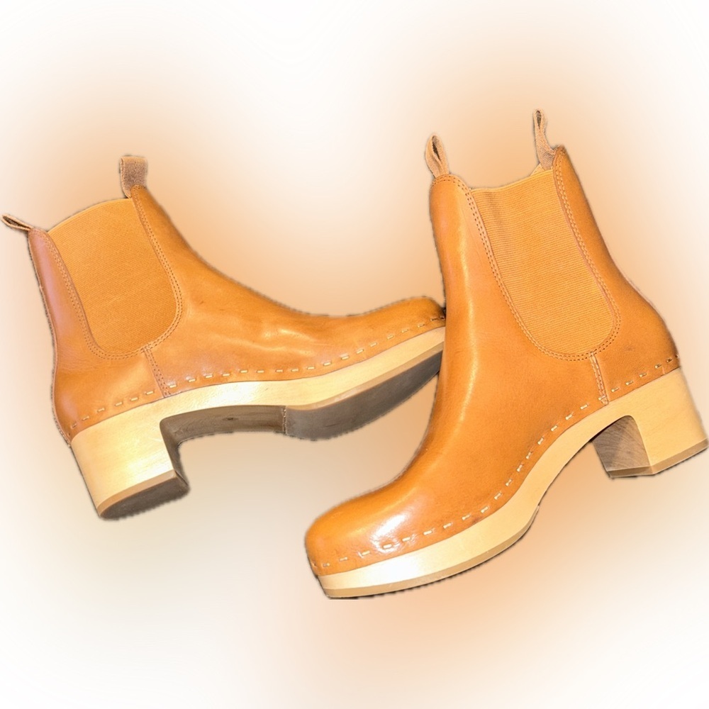 NWOB Loeffler Randall Annabelle Tan Leather Chelsea Boots Wood Clog Block Heel 7 - Picture 7 of 12